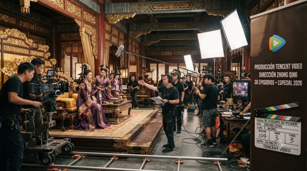 Fotografía del set de Blossoms of Power drama chino 2026 mostrando dirección artística de Tencent Video y Youhug Media