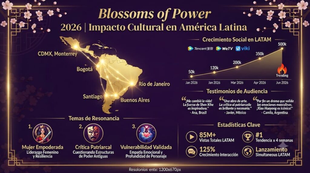 Infografía del análisis del impacto cultural y recepción de Blossoms of Power drama chino 2026 en audiencias hispanohablantes