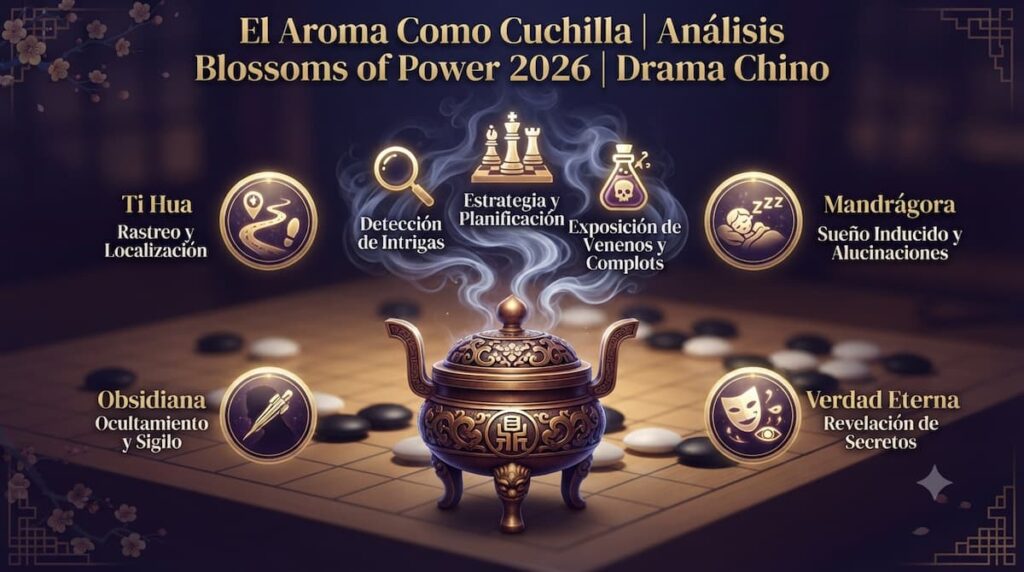 Infografía del análisis del sistema de inciensos como arma en Blossoms of Power drama chino 2026, mostrando Ti Hua, Mandrágora y técnicas de Shen Xihe