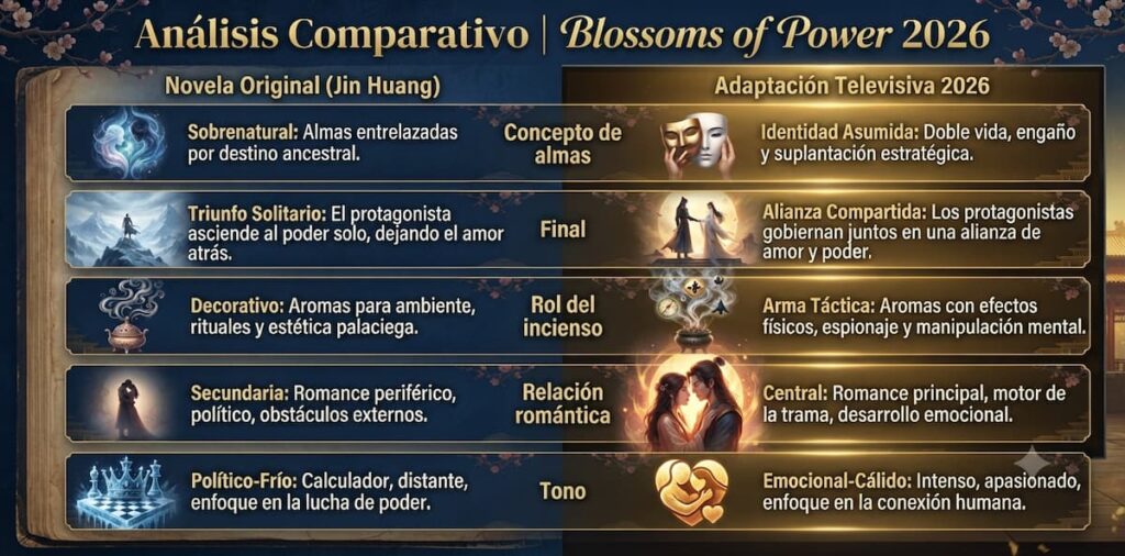 Gráfica comparativa del análisis de diferencias entre la novela de Jin Huang y la serie televisiva de Blossoms of Power 2026