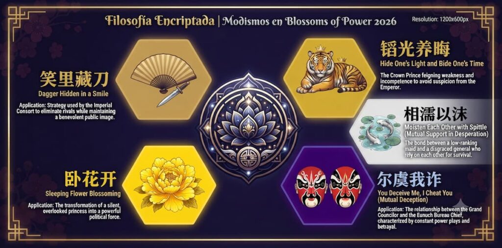 Infografía del análisis de modismos chinos clave en Blossoms of Power drama chino 2026, explicando su significado en la narrativa