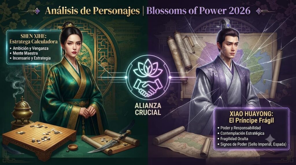 Comparación visual del análisis de personajes Shen Xihe (Meng Ziyi) y Xiao Huayong (He Yu) en el drama chino Blossoms of Power 2026