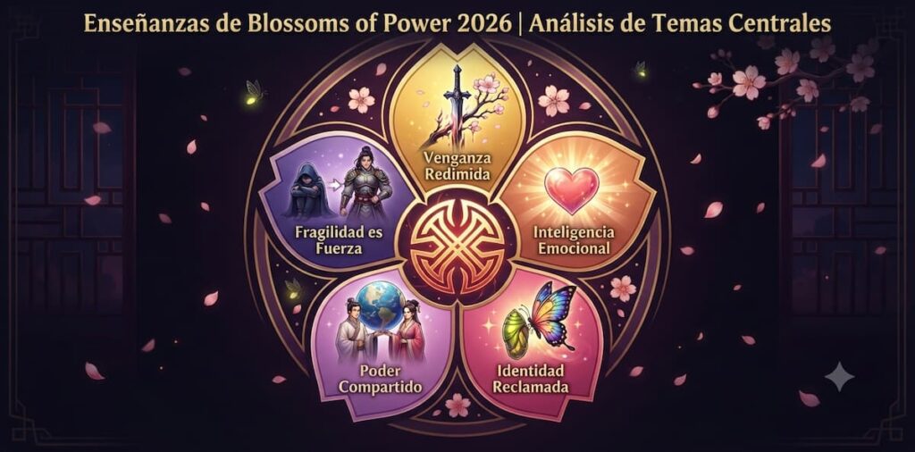 Infografía del análisis de los cinco temas principales y enseñanzas filosóficas en Blossoms of Power drama chino 2026