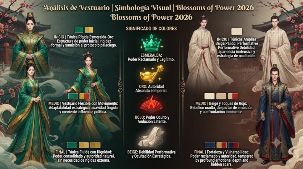 Análisis comparativo del vestuario de Shen Xihe y Xiao Huayong en Blossoms of Power drama chino 2026, mostrando simbología de colores y diseño