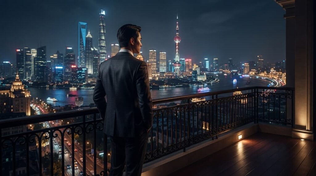 Ilustración de un hombre de negocios mirando el horizonte iluminado de Shanghái, simbolizando el desenlace en el análisis final explicado de Blossoms Shanghai