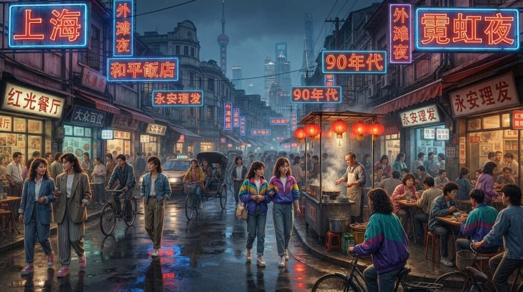 Ilustración de la calle Huanghe Road recreando el Shanghái de los años 90 para el análisis final explicado de Blossoms Shanghai
