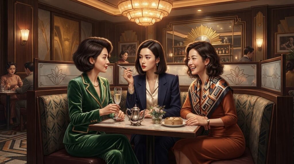 Ilustración de tres mujeres con vestuario de los años 90 en un restaurante de lujo de Shanghái, para el análisis final explicado de Blossoms Shanghai