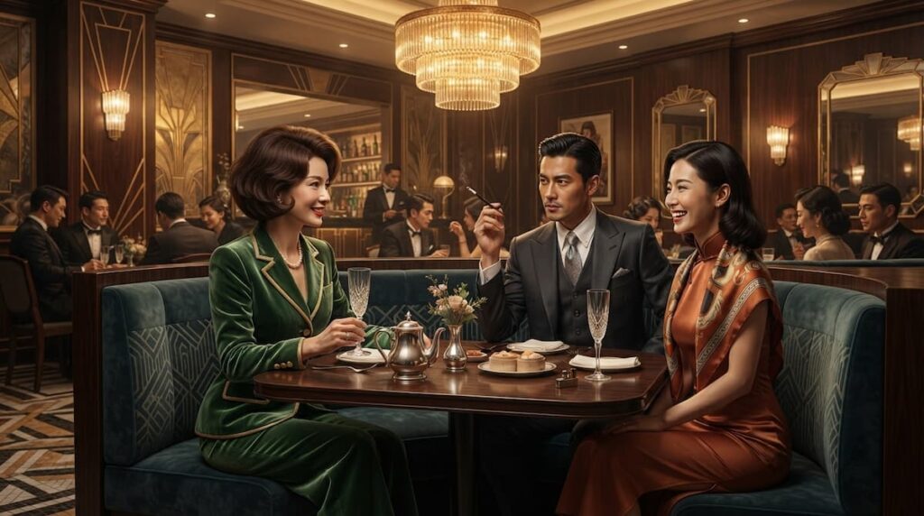 Ilustración de un restaurante de lujo con decoración art déco y comensales elegantes, ilustrando el análisis final explicado de Blossoms Shanghai