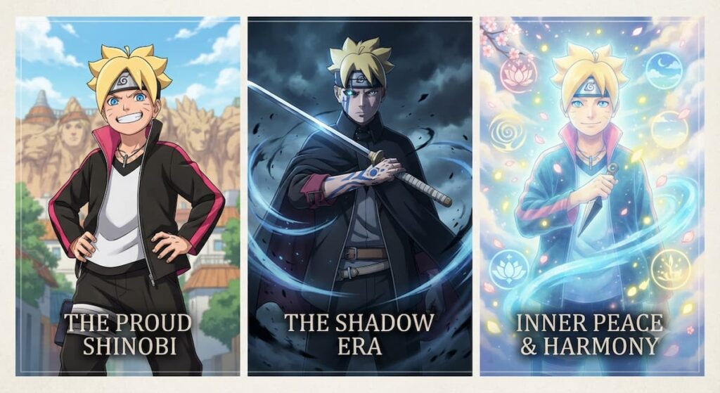 "Boruto Uzumaki en diferentes etapas de su desarrollo emocional y psicológico a lo largo de Naruto Next Generations, mostrando la transformación del personaje desde genio privilegiado hasta héroe en las sombras"