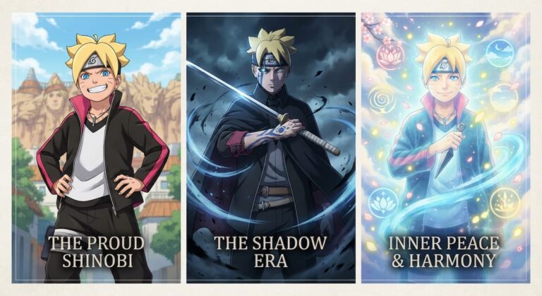 "Boruto Uzumaki en diferentes etapas de su desarrollo emocional y psicológico a lo largo de Naruto Next Generations, mostrando la transformación del personaje desde genio privilegiado hasta héroe en las sombras"