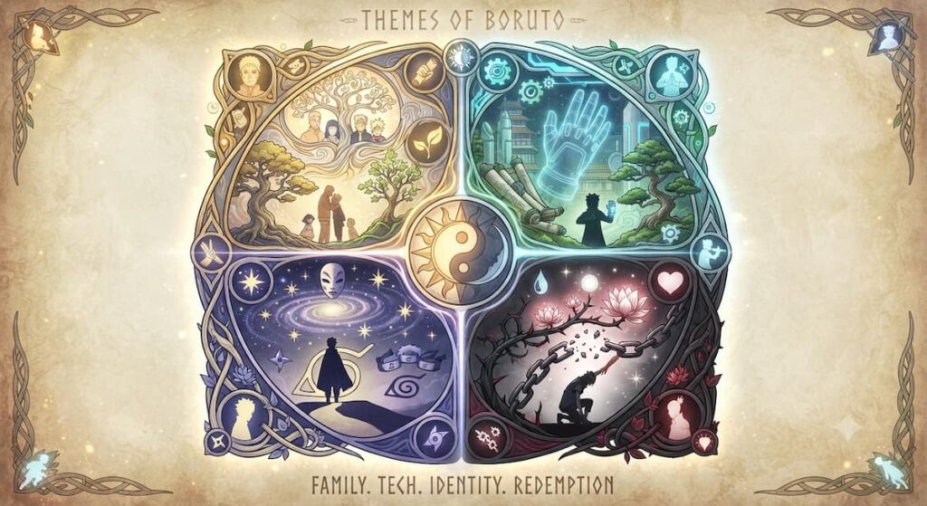 "Representación visual de los temas psicológicos centrales en Boruto: Naruto Next Generations, incluyendo identidad, responsabilidad, redención y evolución generacional"