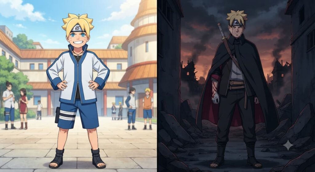 "Comparación del vestuario de Boruto Uzumaki entre su uniforme de academia y su atuendo post-salto temporal, reflejando su transformación psicológica y madurez emocional en Naruto Next Generations"