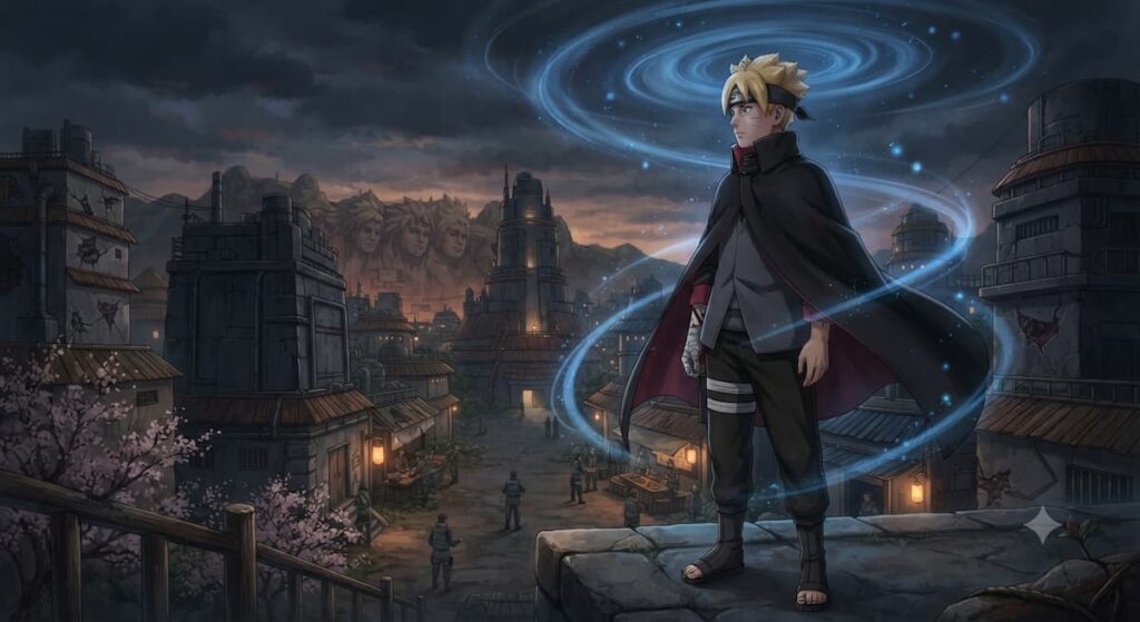 "Boruto Uzumaki después del salto temporal de tres años en Two Blue Vortex, mostrando su transformación física y psicológica de adolescente resentido a adulto maduro responsable"
