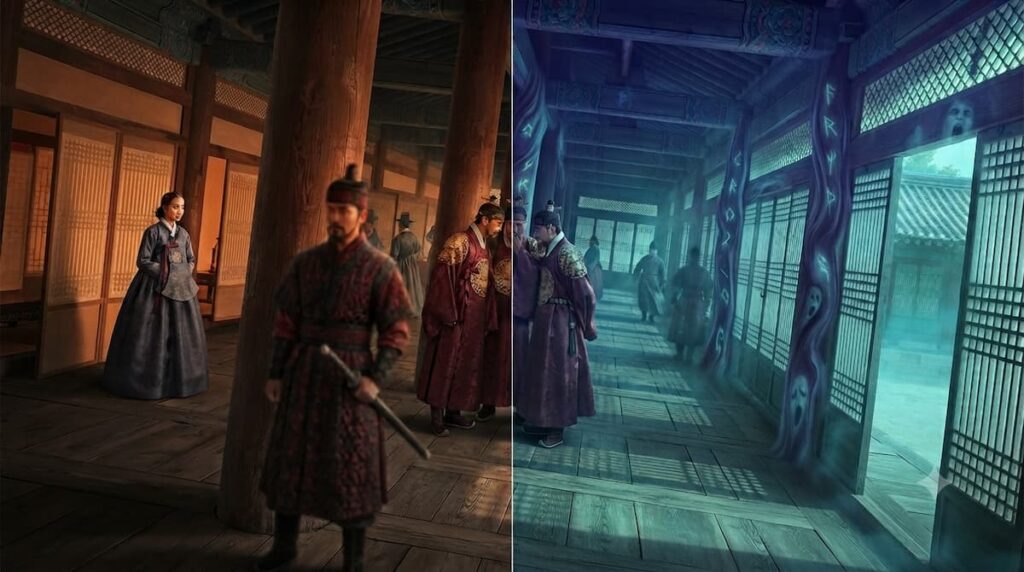 Comparación de paleta cromática del mundo real versus reino de Gwi en el palacio del este 2026 fantasía oscura, análisis visual