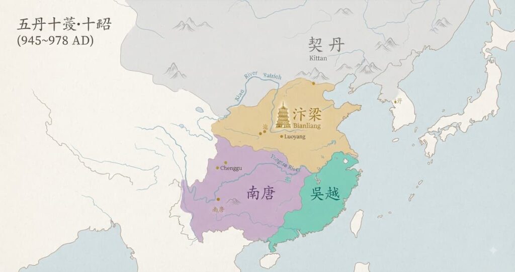 Mapa esquemático de China mostrando la fragmentación territorial durante las Cinco Dinastías, con Wuyue destacado en el sur y los territorios kitanes en el norte