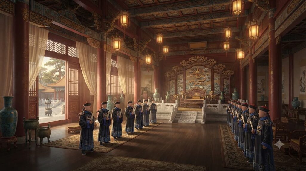 Escena de la corte imperial de la Dinastía Daping con arquitectura clásica china y vestiduras oficiales en análisis Promesa Real 2026 drama chino