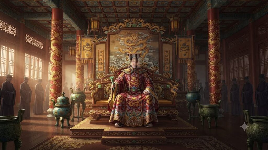 Ilustración del Emperador en su trono análisis Promesa Real 2026 personajes drama chino vulnerabilidad poder