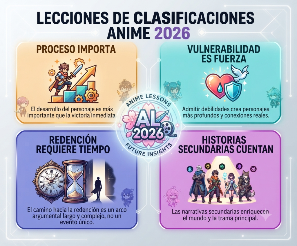 "Infografía visual de las cuatro enseñanzas principales de clasificaciones anime 2026: proceso, vulnerabilidad, tiempo, y valor de historias secundarias"