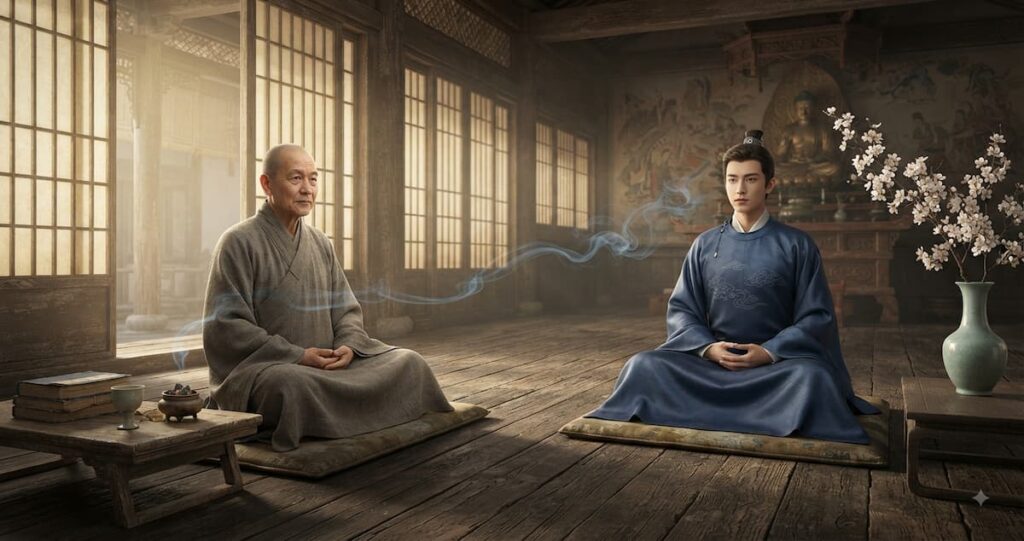 Escena contemplativa dentro de un templo antiguo chino mostrando dos figuras en silencio meditativo, representando la transmisión de sabiduría entre mentor y estudiante.