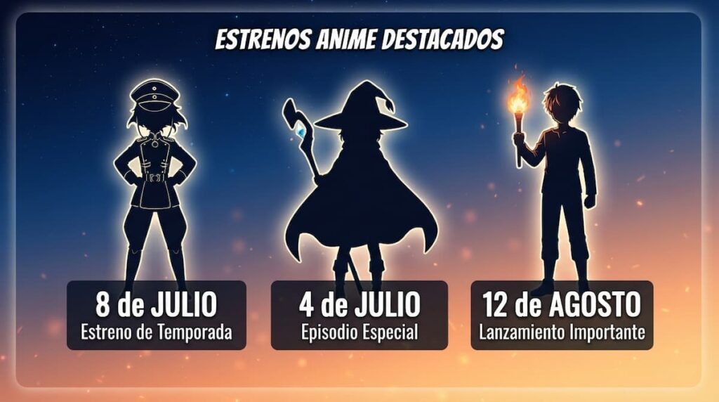 Calendario ilustrado de los estrenos de anime julio y agosto 2026 con fechas y series destacadas