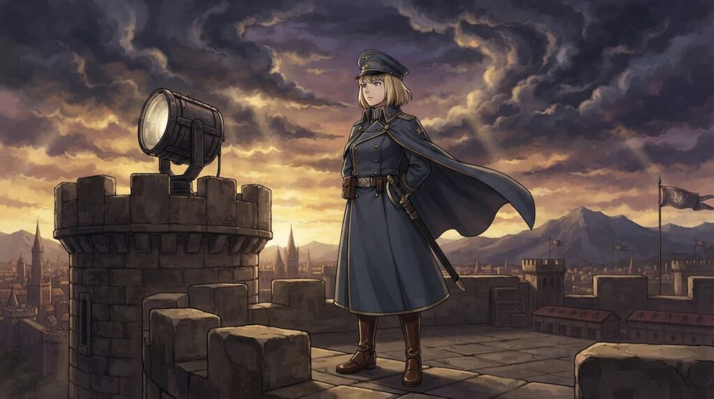 Escena de anime de estilo militar representando el tono de los estrenos de anime julio y agosto 2026.