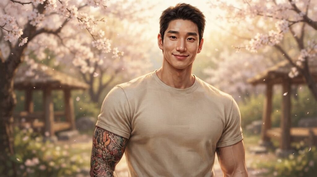 Retrato digital realista de Seon Jae-gyu, hombre musculoso con tatuajes visibles, sonrisa cálida, representando el contraste entre apariencia y bondad en el análisis de Fiebre de Primavera.
