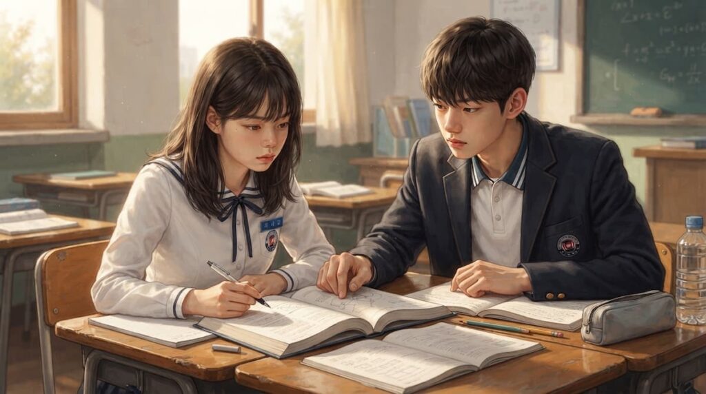 Ilustración digital realista de Seon Han-gyeol y Choi Se-jin, estudiantes rivales de la escuela secundaria de Shinsu, mostrando el espejo adolescente del análisis de Fiebre de Primavera.