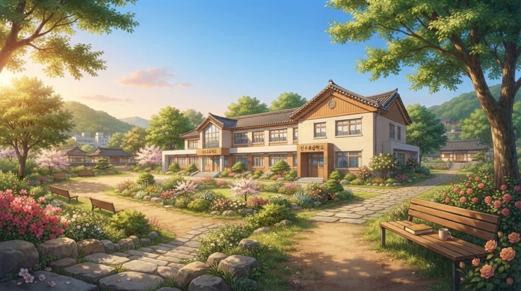 Paisaje digital realista de Shinsu, pueblo coreano rural con naturaleza, escuela secundaria, iluminación cálida, reflejando el contexto de sanación emocional en el análisis de Fiebre de Primavera.