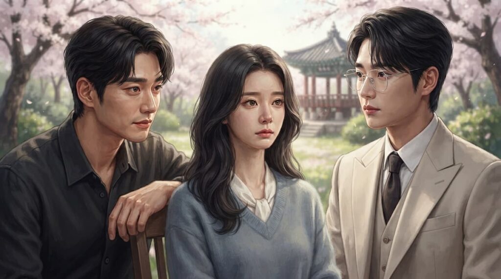Composición digital realista mostrando la dinámica triangular entre Yoon Bom, Seon Jae-gyu y Choi Yi-jun, representando el conflicto de valores entre autenticidad y éxito social en Fiebre de Primavera.