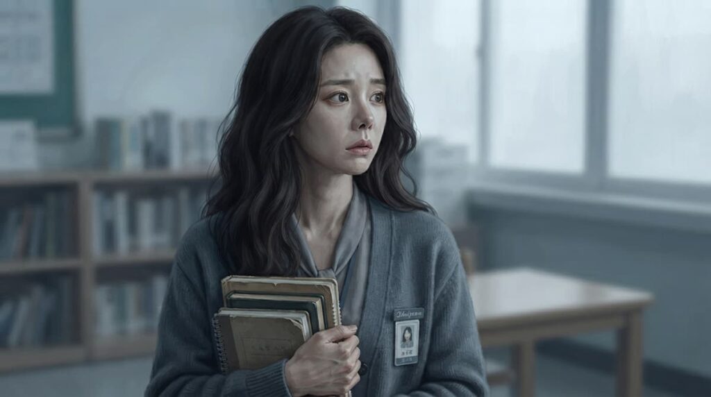 Retrato digital realista de Yoon Bom, profesora con expresión contemplativa y mirada distante, vistiendo tonos apagados, reflejando su trauma emocional en el análisis de Fiebre de Primavera.