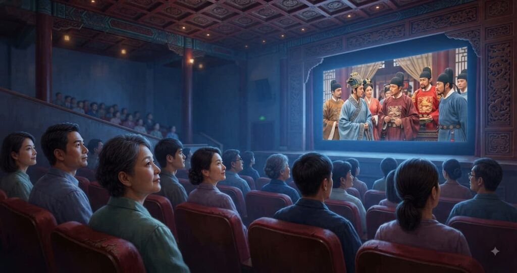 Sala de cine tradicional china con público viendo el drama histórico, representando el impacto cultural y la relevancia contemporánea de Swords Into Plowshares 2026.