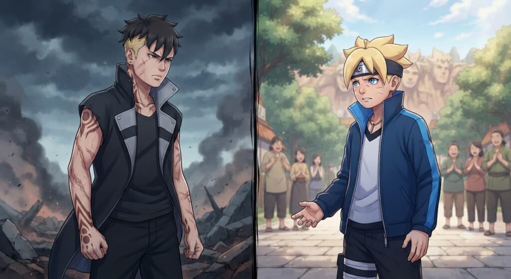 "Comparación psicológica entre Kawaki y Boruto Uzumaki, mostrando sus dinámicas de rivalidad, trauma compartido y búsqueda de identidad en Naruto Next Generations"