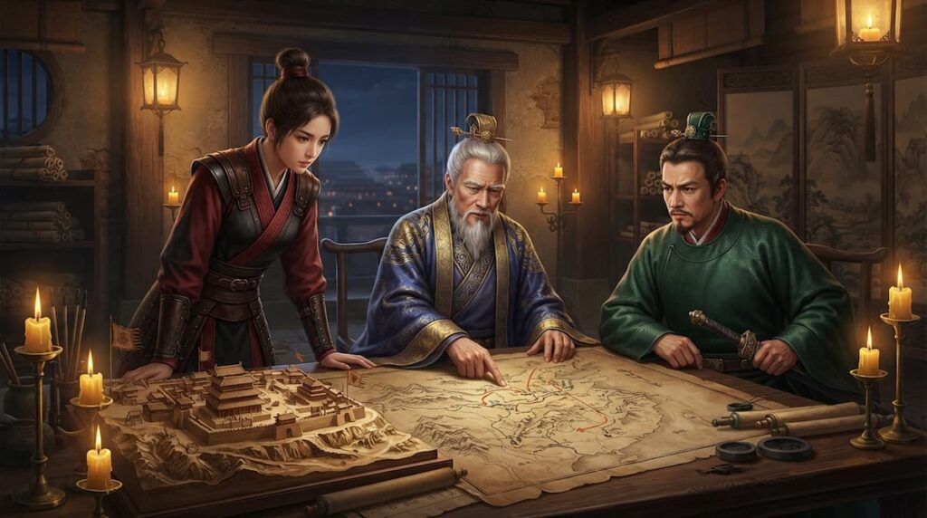 Ilustración del desenlace del análisis de La leyenda de Zang Hai, con los aliados planificando frente a un mapa