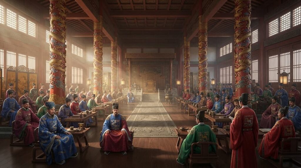 Escena de la corte imperial que ilustra el análisis del vestuario en La leyenda de Zang Hai