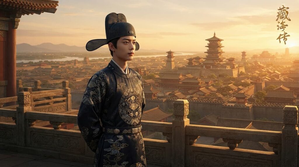 Retrato de Zang Hai, protagonista del análisis de La leyenda de Zang Hai, observando la capital imperial desde una terraza
