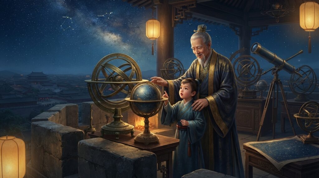 Escena del análisis de La leyenda de Zang Hai que muestra a Zhi Nu de niño junto a su padre astrónomo observando el cielo.