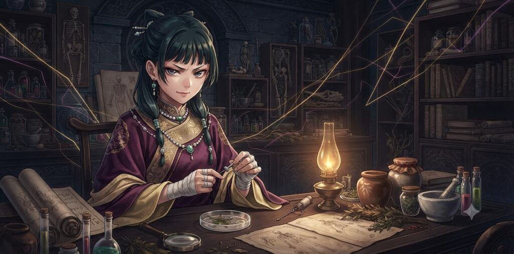 "Maomao de The Apothecary Diaries, ganadora de Mejor Personaje Principal 2026, en su vestuario tradicional mostrando competencia y determinación"