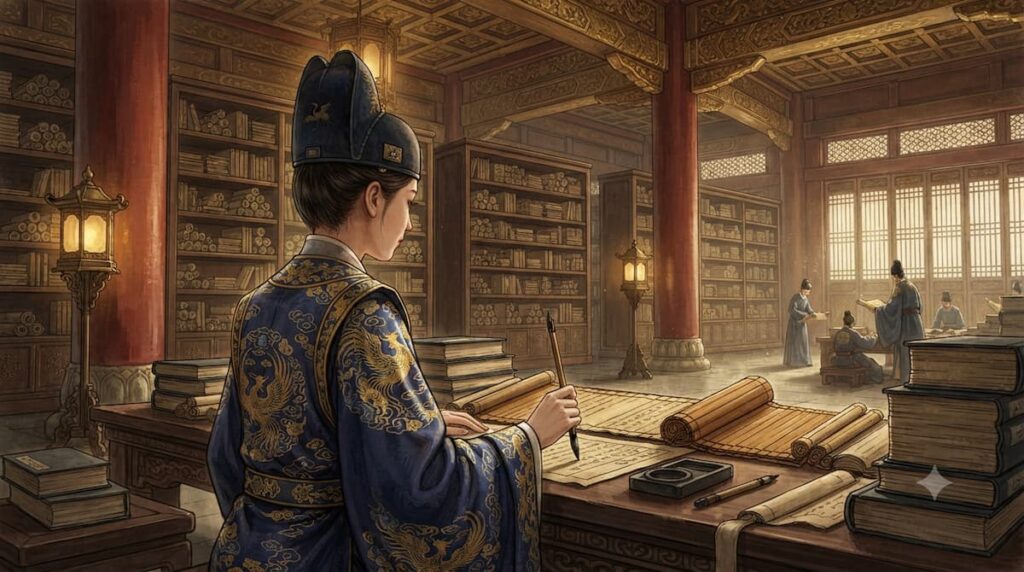 Ilustración de funcionaria imperial femenina en análisis Promesa Real 2026 personajes drama chino vestuario oficial
