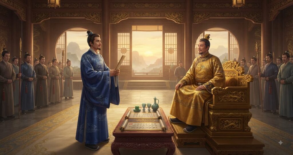 Escena de negociación diplomática mostrando dos líderes históricos chinos en diálogo pacífico, con documentos y símbolos de tratado visible.