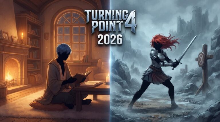 Ilustración digital realista de portada para el análisis explicado de Mushoku Tensei temporada 3, con silueta de mago y espadachina enfrentados y elementos numéricos superpuestos