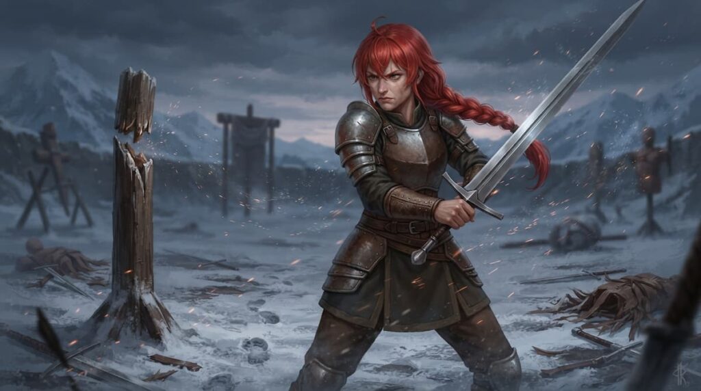 Eris con cabello rojo trenzado y armadura de cuero desgastada sosteniendo una espada en un campo nevado junto a un poste de madera destruido.