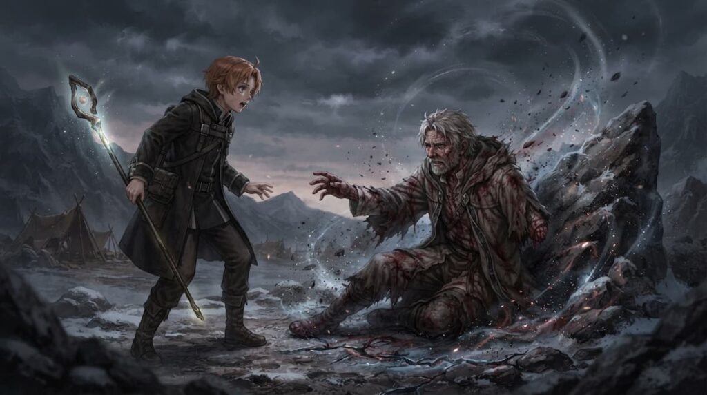 Rudeus Greyrat con su bastón mágico frente a un guerrero herido en un paisaje nevado, una escena impactante de Mushoku Tensei.