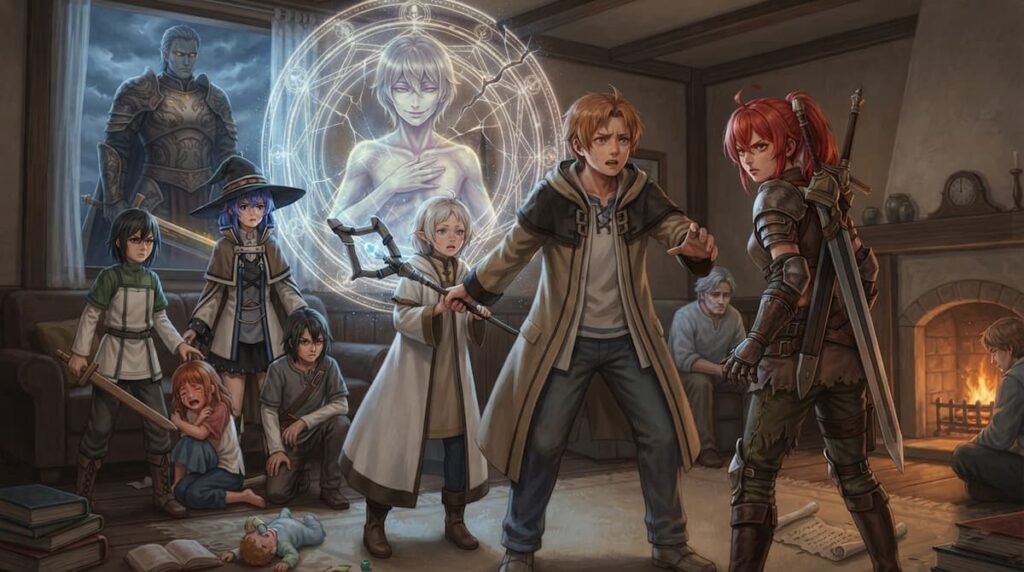 Rudeus Greyrat, Eris y sus aliados en el interior de una sala junto a una proyección mágica y un personaje amenazante en la ventana.