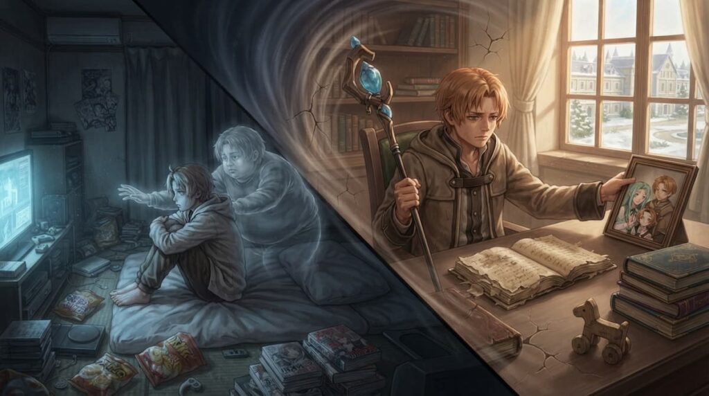 Ilustración dividida que muestra a la izquierda la vida anterior de Rudeus en una habitación oscura y a la derecha su vida actual en un estudio iluminado sosteniendo un bastón y un retrato familiar.