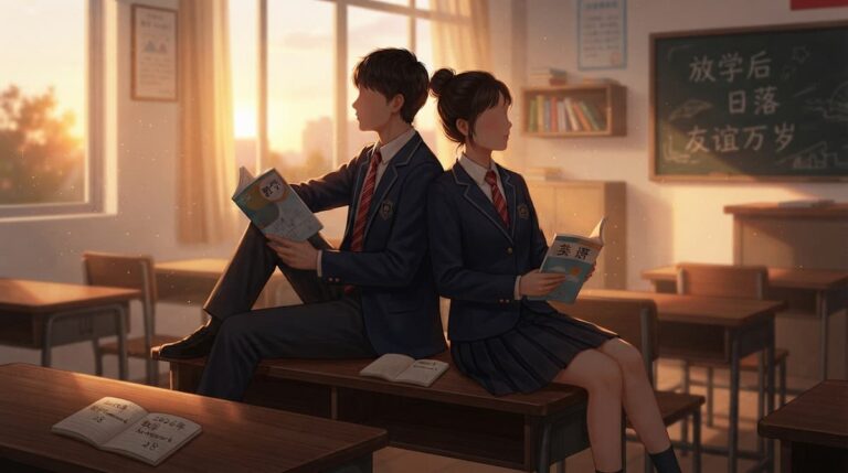 Ilustración de dos estudiantes protagonistas para el análisis final explicado de Novia Genio.