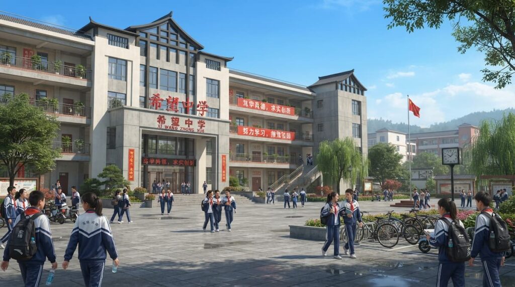 Escuela secundaria provincial china escenario del análisis final explicado de Novia Genio