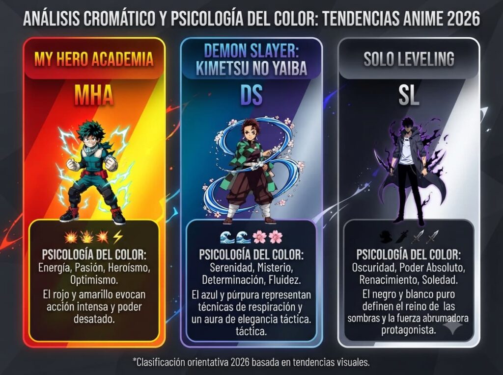 "Comparación de paletas cromáticas de My Hero Academia (rojos-amarillos), Demon Slayer (azules-púrpuras) y Solo Leveling (grises-negros-blancos) del análisis de clasificaciones anime 2026"