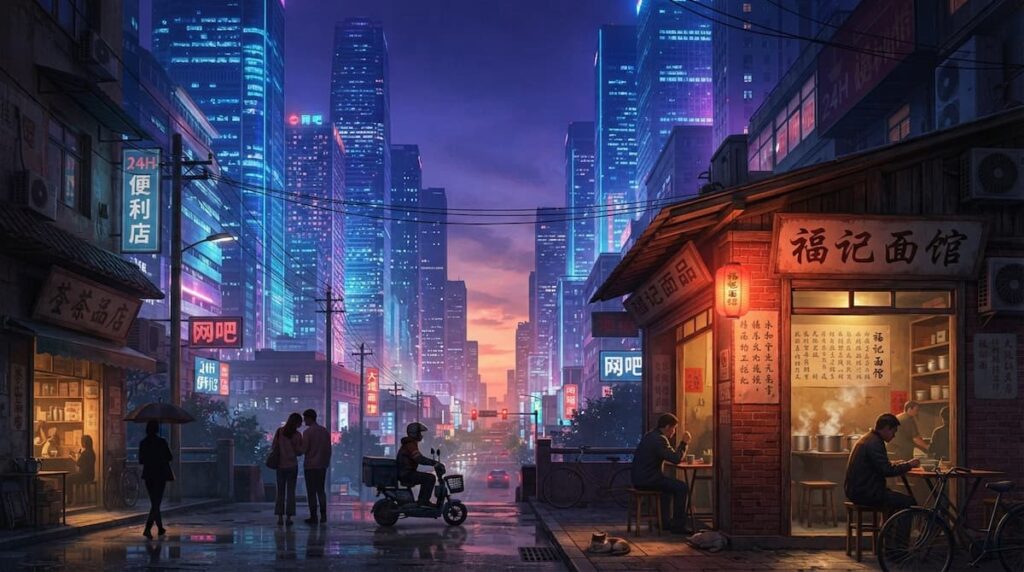Metrópolis china contemporánea con restaurante y rascacielos, escenario del drama Primer Amor donde se desarrolla el análisis de personajes y traumas
