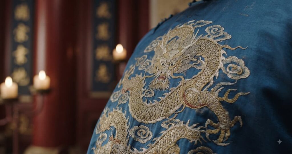 Detalle cinematográfico en 8K mostrando el bordado intrincado del vestuario histórico y la arquitectura del palacio real de Wuyue.