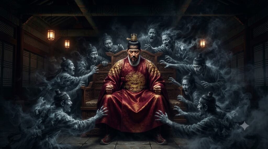Jo Seung-woo interpretando al Rey en el palacio del este 2026 fantasía oscura, mostrando la angustia psicológica del poder absoluto y la culpa